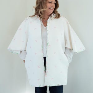White Matelasse Cape Jacket with embroidered Pink dragonflies and a Vintage Sheet Collar.