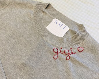 Hand Embroidered Cashmere Luxe Sweater Personalized Custom Hand Stitched Gift for Mom Wife Grandmother Mother in Law