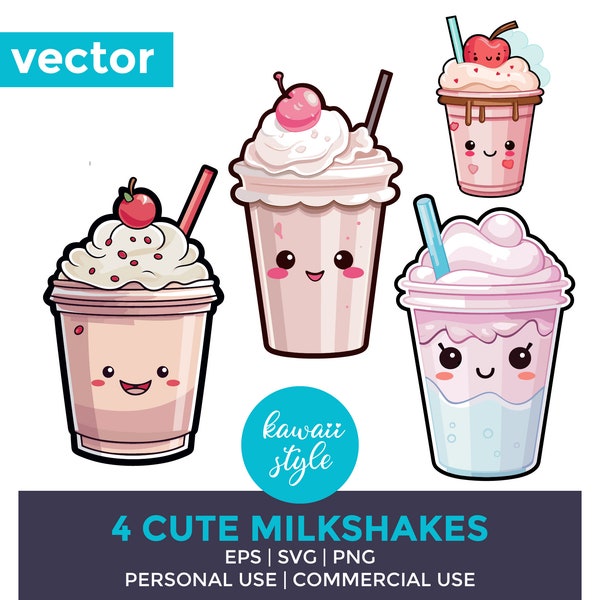 Cute Milkshake Svg Bundle | Ice Cream svg | Cute Kawaii Svg | Summer Collage Cliparts | Dessert Sticker Illustration | Commercial Use