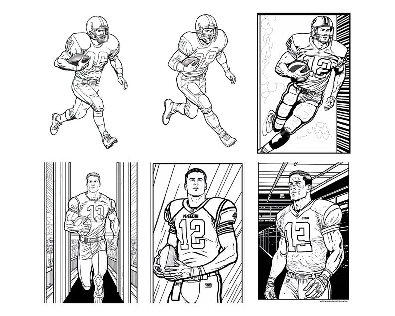 12 Football Players, Coloring Pages for Adults and Kids, Grayscale Coloring Page, NFL, Printable