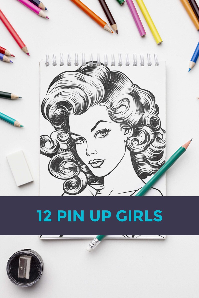 12 Beautiful Pin up Girls, Coloring Pages for Adults, Grayscale Coloring Page, 1950s Old Classic ...