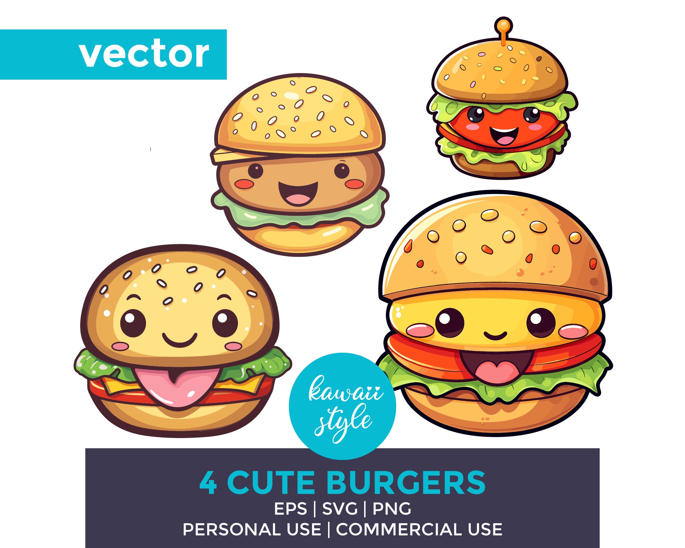 Cute Burgers Svg Bundle Junk Food Svg Cute Kawaii Svg Cheeseburger