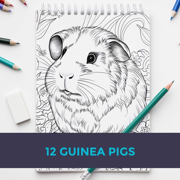 12 oude cavia's, kleurplaten voor volwassenen en kinderen, cavia kleurplaat, dieren, afdrukbare PDF, kleurboek