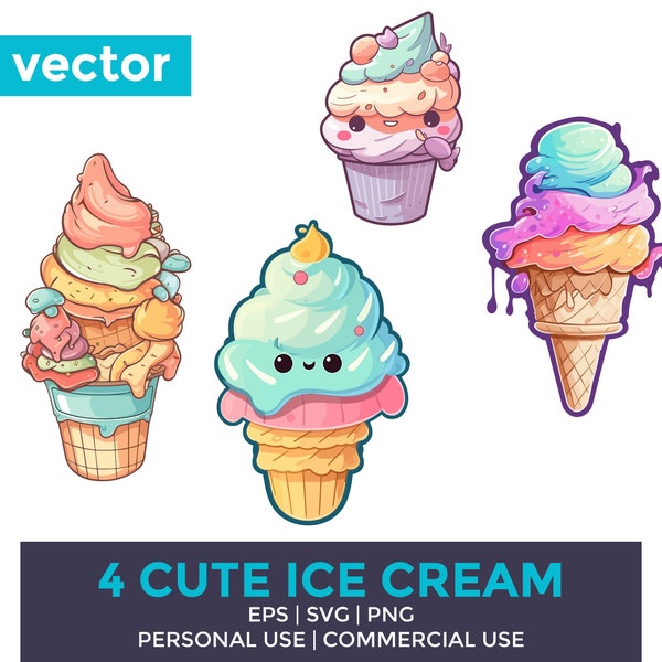 Mignon crème glacée svg Bundle | Crème glacée SVG | Cliparts doux | Illustration d’autocollant de crème glacée | Images pour les enfants