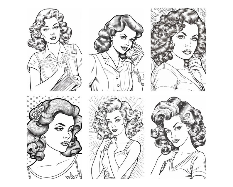 12 Beautiful Pin up Girls, Coloring Pages for Adults, Grayscale ...