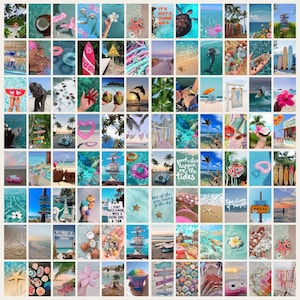 180+ PCS Summer Aesthetic Wall Collage Kit Summer Beach Vibes Photo Collage Blue Boho Tropical Beach Wall Decor Summer Wall Collage Digital