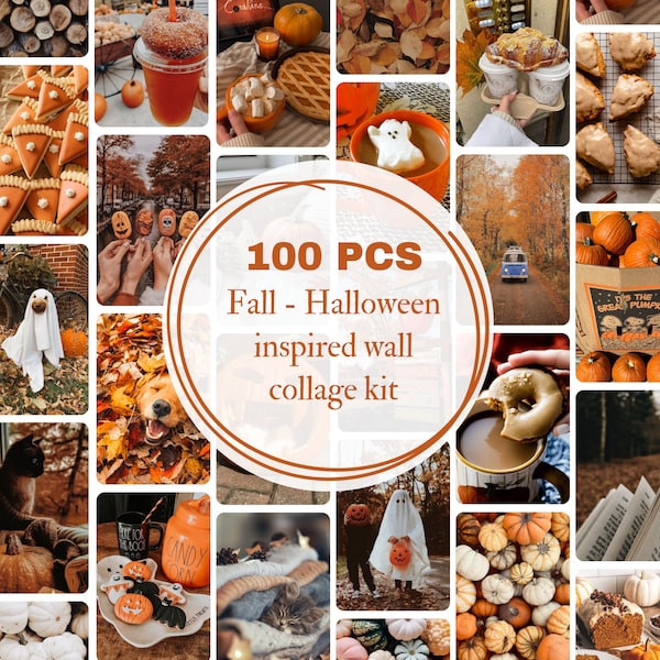 100PCS Halloween Fall Collage Kit Halloween Photo Collage Fall Breeze & Autumn Pictures Room Decor Fall Aesthetic Orange and Brown