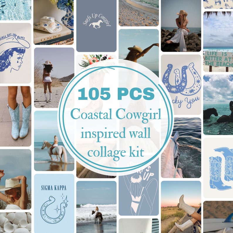 Coastal Cowgirl Printable Preppy Cowgirl Dorm Room Wall Art Decor Girly Digital Download Aesthetic Blue Pink Coastal Cowgirl Collage Kit image 1