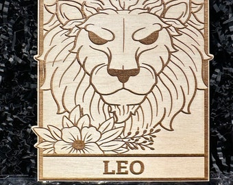 Astrologie florale Lion - DIY, peinture, oeuvre d'art, kit déco, kit de peinture, passe-temps, décoration murale, coloriage pour adulte, gravure au laser, oeuvre d'art sur bois