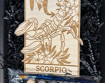 Astrologie florale Scorpion - DIY, peinture, oeuvre d'art, kit déco, kit de peinture, passe-temps, décoration murale, coloriage pour adulte, gravure au laser, oeuvre d'art sur bois