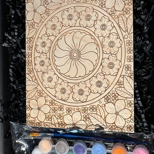 Flower Mandala Pattern - DIY Paint, Art, Art Kit, Paint Kit, Hobby, Wall Decor, Adult Coloring, Laser Engraved, Wood Art