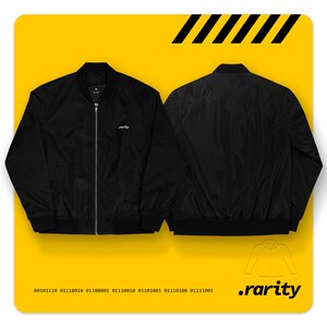 May include: Black bomber jacket with a zipper closure and a small .rarity logo embroidered on the left chest. The jacket is shown from the front and back.