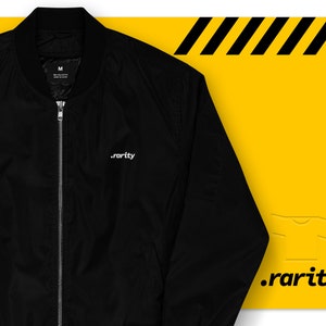 May include: Black bomber jacket with a zipper closure and a white embroidered logo that says ".rarity" on the left chest.