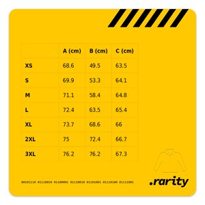 May include: A size chart with measurements in centimeters for XS, S, M, L, XL, 2XL, and 3XL sizes. The chart shows measurements for the bust, waist, and hips.