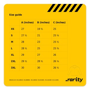 May include: Size guide for a garment with measurements in inches for chest, waist, and length. Sizes include XS, S, M, L, XL, 2XL, and 3XL.
