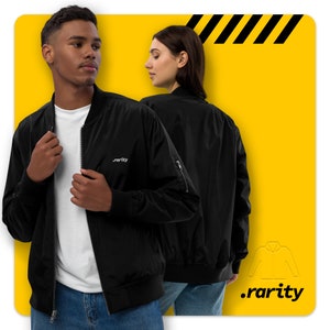 May include: Two people wearing black bomber jackets with the text ".rarity" embroidered on the front. The jackets have zippered pockets on the sides.