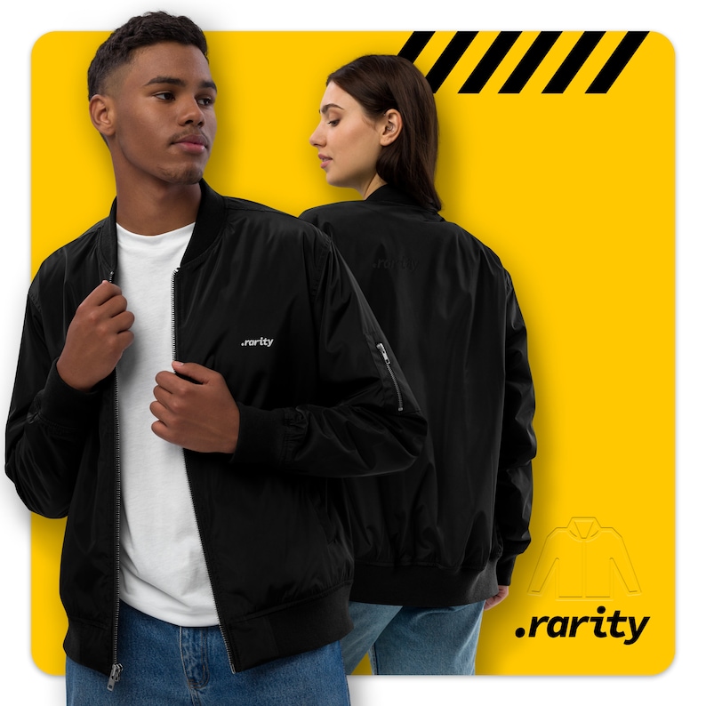 May include: Two people wearing black bomber jackets with the text ".rarity" embroidered on the front. The jackets have zippered pockets on the sides.