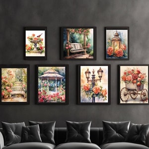 Watercolor Rose Garden Vintage Digital Prints 7 Printable Images Lantern Gazebo Street Lamp Bench Swing Bird Bath Flower Cart Wall Art Decor