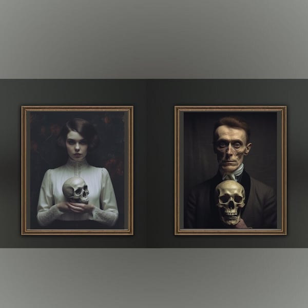 Victorian Woman and Man Holding Skulls 2 Digital Printable Spooky Wall Decor Prints Moody Gothic Portrait Images