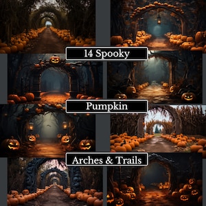 May include: 14 Spooky Pumpkin Arches & Trails. A Halloween themed image with a path lined with glowing jack-o-lanterns under a canopy of trees. The path leads to an archway made of pumpkins.