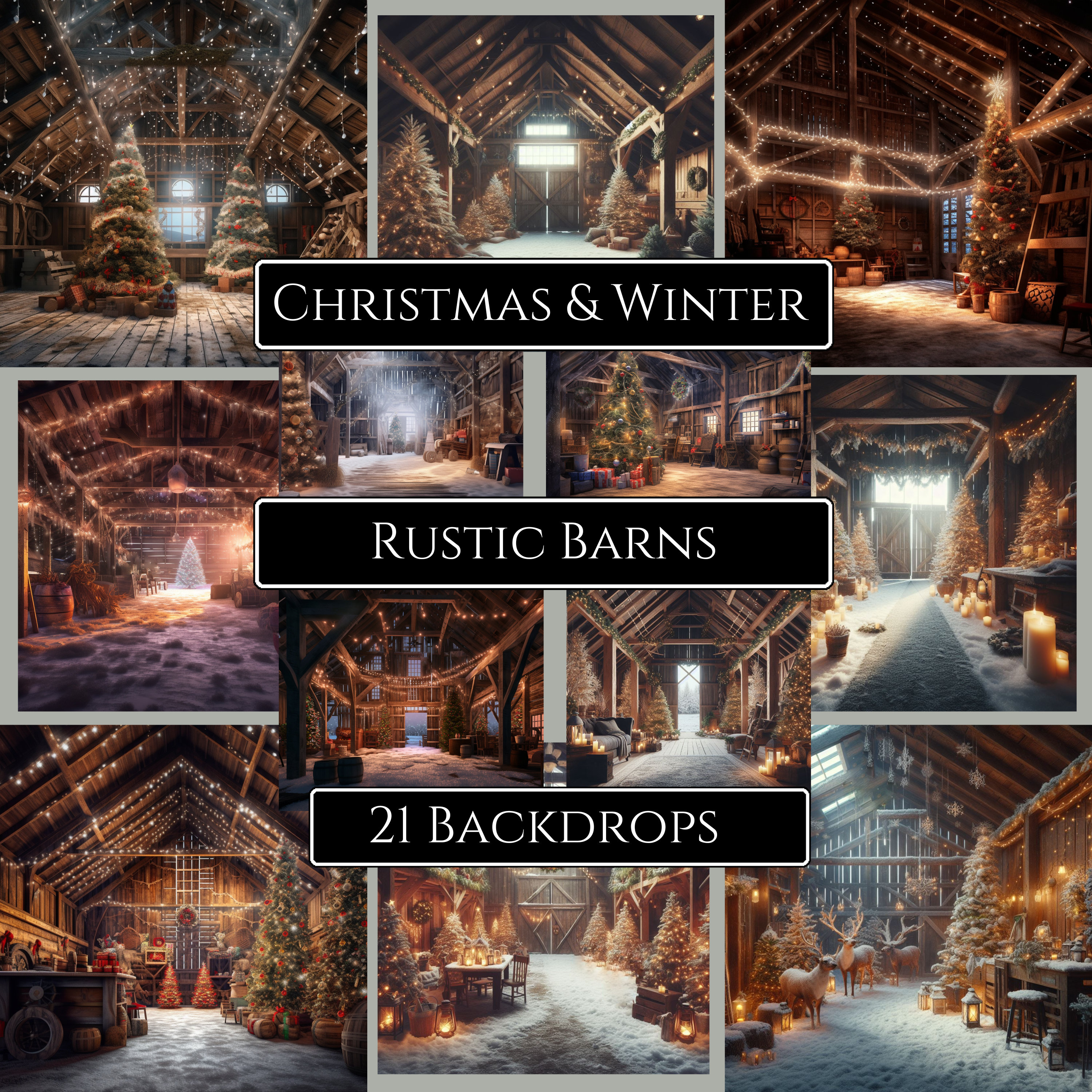 Christmas And Winter Barns Digital Backdrop Background Maternity Wedding Photography Photo Editing Photoshop Art Trees String Lights Rustic
