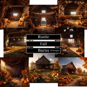 May include: A collage of images featuring rustic fall barns decorated with pumpkins, hay bales, and string lights. The images showcase the beauty of autumn in a rural setting.