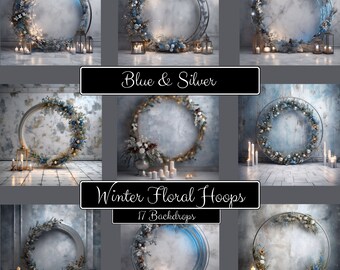 Blue and Silver Christmas Winter Hoops Digital Backdrop Background Maternity Wedding Photography Photo Editing Photoshop Art String Lights