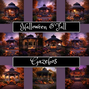 Może przedstawiać: Dziewięć obrazów drewnianego altany ozdobionego jesiennymi liśćmi i dyniami. Altany otoczone są drzewami z jesiennymi liśćmi. Tekst "Halloween & Fall Gazebos" jest wyświetlany w środku obrazu.