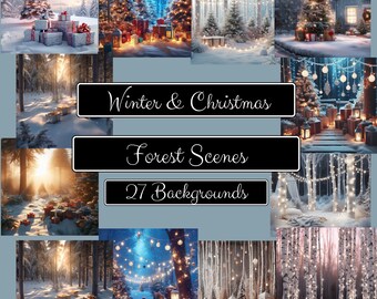 Winter and Christmas Forest Scenes 27 Digital Backdrops Background Maternity Wedding Photography Photo Editing Photoshop Art String Lights