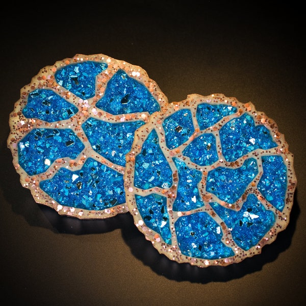 Smurf Blue Glass Geode Agate Coasters – Set of 2 | Handmade Blue Glass Geode Coasters | Geode Resin Coasters