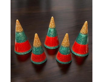 Green and Red Sparkle Holiday Ring Cones | Gold Glitter Resin Ring Holder | Ring Display Stand | Christmas Ring Holder