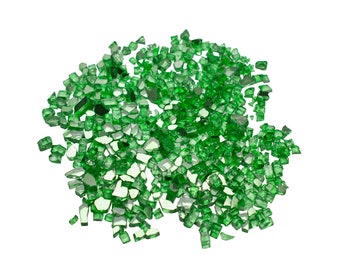 May include: A pile of small, green, glass pieces. The pieces are irregular in shape and size, and they are scattered randomly on a white background.