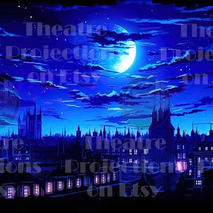 Victorian London Cityscape at night digital backdrop for theatre projections.