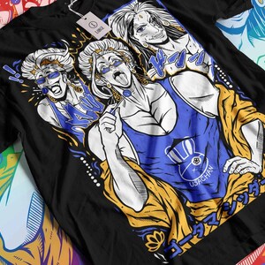 May include: Black t-shirt with a graphic print of three cartoon characters with white hair. The characters are wearing colorful clothing and have exaggerated features. The text "USACHAN" is printed on the shirt. The shirt is a large size.