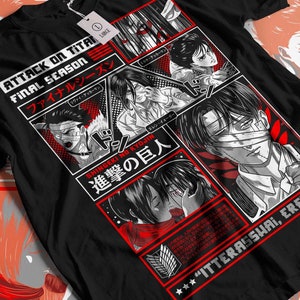 May include: Black t-shirt with a graphic print of characters from the anime Attack on Titan. The graphic includes the Japanese text "Shingeki no Kyojin" which means "Attack on Titan" in English. The text "Final Season" and "Itterashai, Eren" are also included in the graphic.
