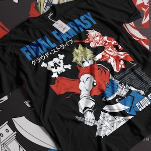 May include: Black t-shirt with a graphic print of characters from the video game Final Fantasy VII. The text "FINAL FANTASY" and "クラウド・ストライフ" is printed in blue and white on the shirt. The characters Cloud Strife and Sephiroth are depicted in the graphic.