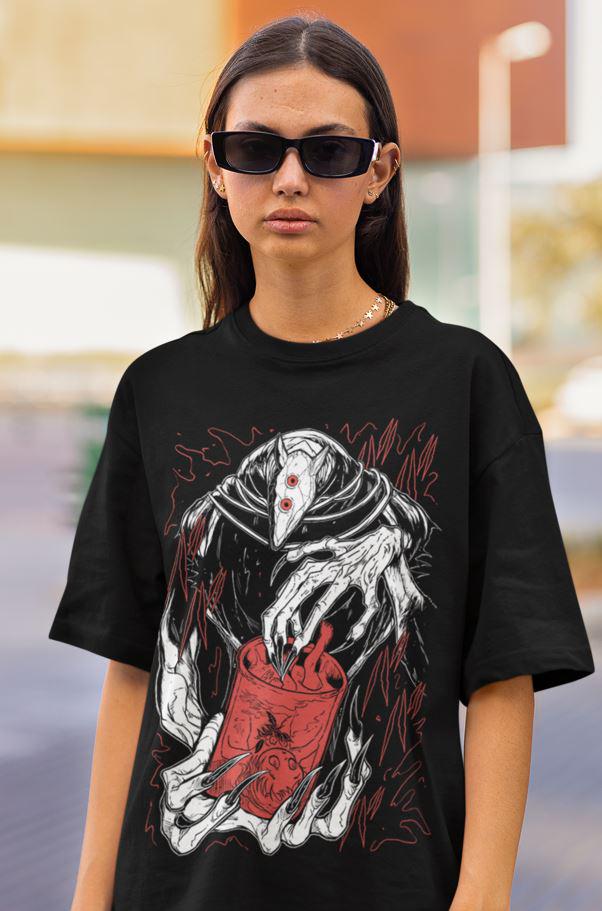 不気味なマンガガールTシャツ：ダークアニメゴシックホラーTシャツ