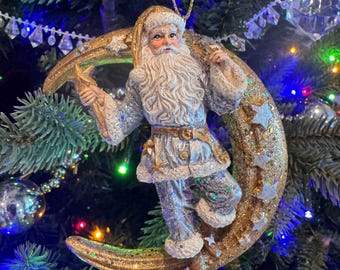 Kurt Adler Santa on Crescent Moon Ornament: Glittering Holiday Decor