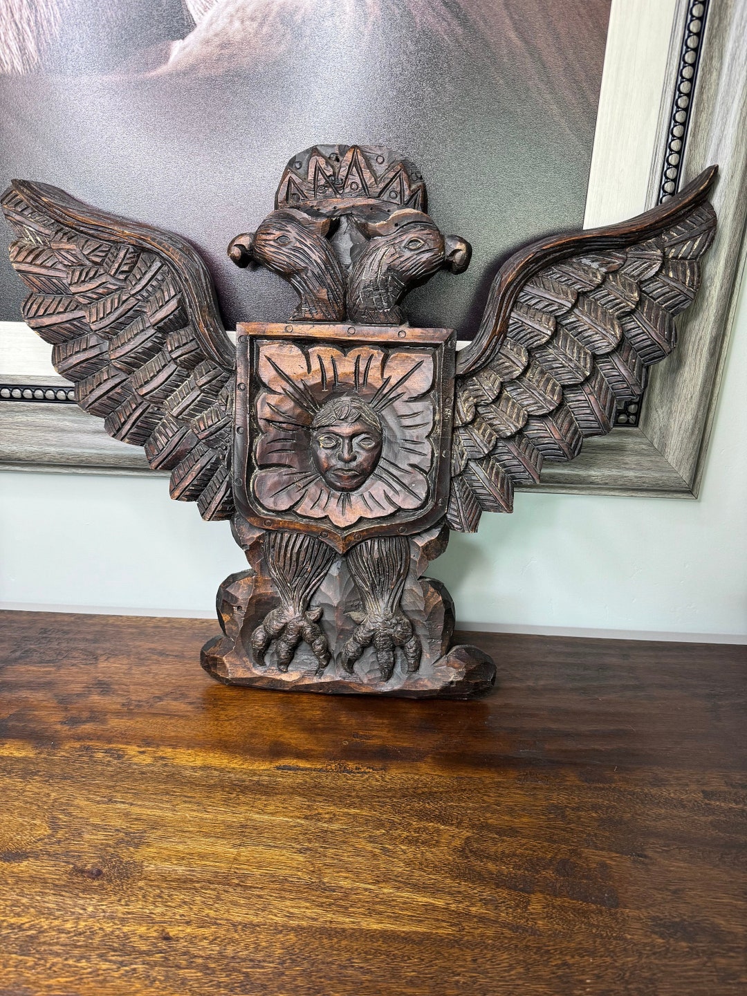 Hand Carved Wooden Double Eagle W/coat of Arms Wall Hanging - Etsy