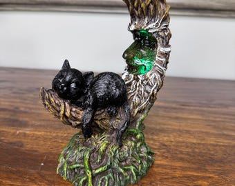 Brand NIB LED Light- Up Black Cat Sleeping on Moon Figurine