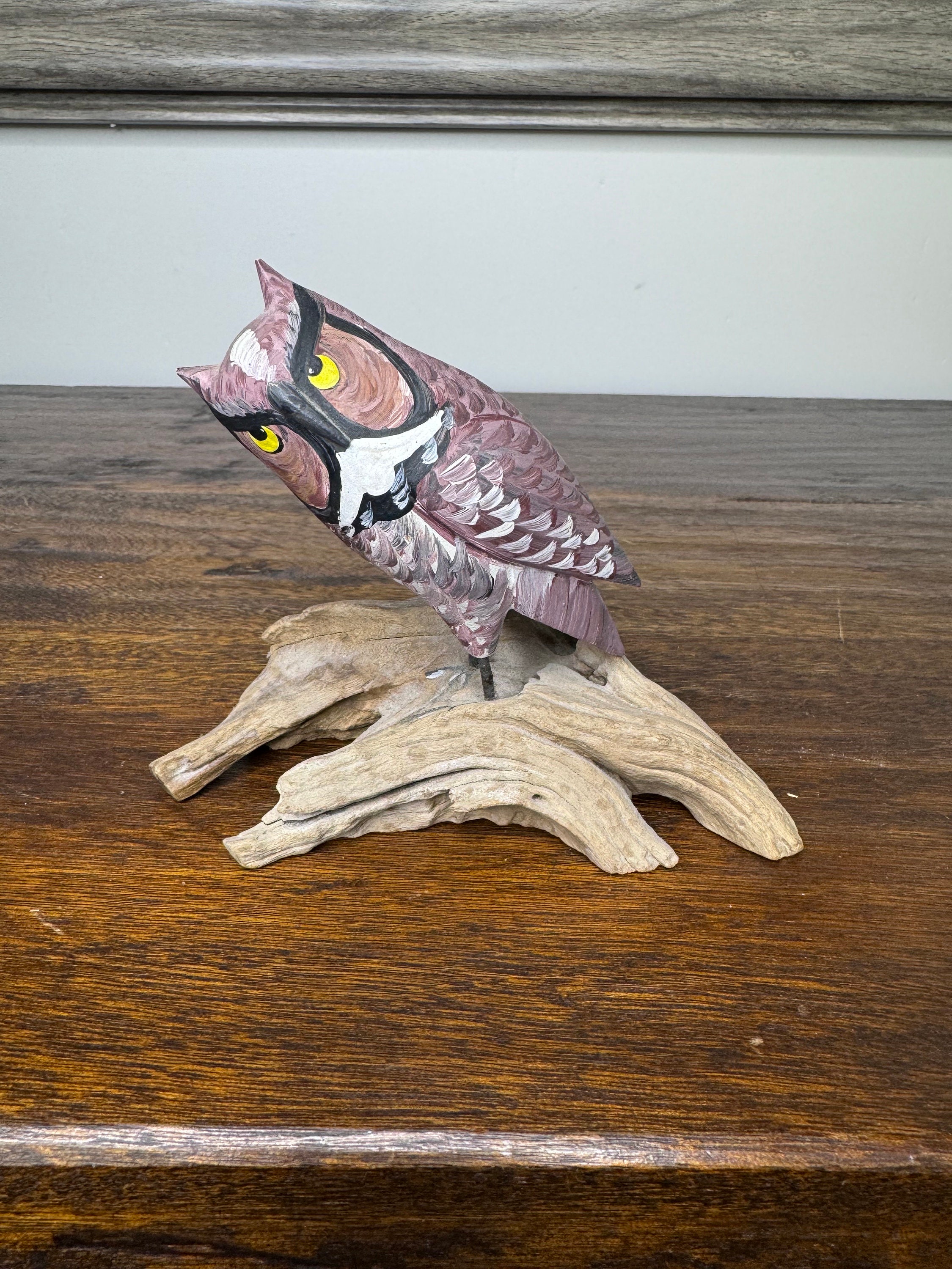 Hand Carved Great Horned Owl Figurine on Driftwood