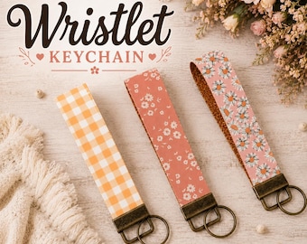 Faux Leather Wristlet Keychain, Key Fob, Wristlet Keychain, Floral Keychain, Gingham Keychain, Handmade Wristlet Keychain, Pom Pom Keychain