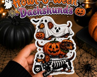 Howl-O-Ween Dachshund Sticker, Cute Halloween Wiener Dog Vinyl Decal, Ghost Dog Sticker, Halloween Dachshund Sticker, Doxie Gift, Dachsund