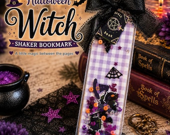 Halloween Witch Shaker Bookmark, Witchy Bookmark, Halloween Bookmark, Purple Gingham Bookmark, Handmade Bookmark, Witch Bookmark, Bookmark