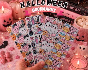 Cute Preppy Halloween Bookmark Bundle, Girly Halloween Bookmarks, Kawaii Ghost Pumpkin Bookmarks, Spooky Book Lover Gift, Halloween Bookmark