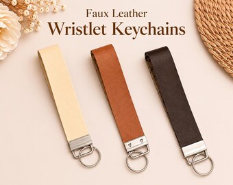 Faux Leather Wristlet Keychain, Double Sided Leopard Print Wristlet, Neutral Keychain Bracelet, Pom Pom Keychain, Wristlet Key Holder Gift