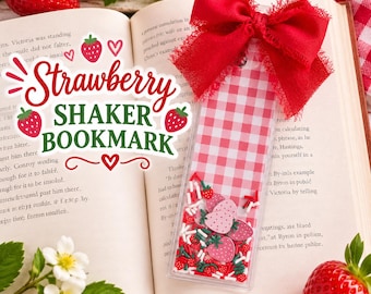 Strawberry Shaker Bookmark, Strawberry Bookmark, Handmade Shaker Bookmark, Cute Red Gingham Bookmark, Fruit Bookmark, Reader Gift, Bookmark