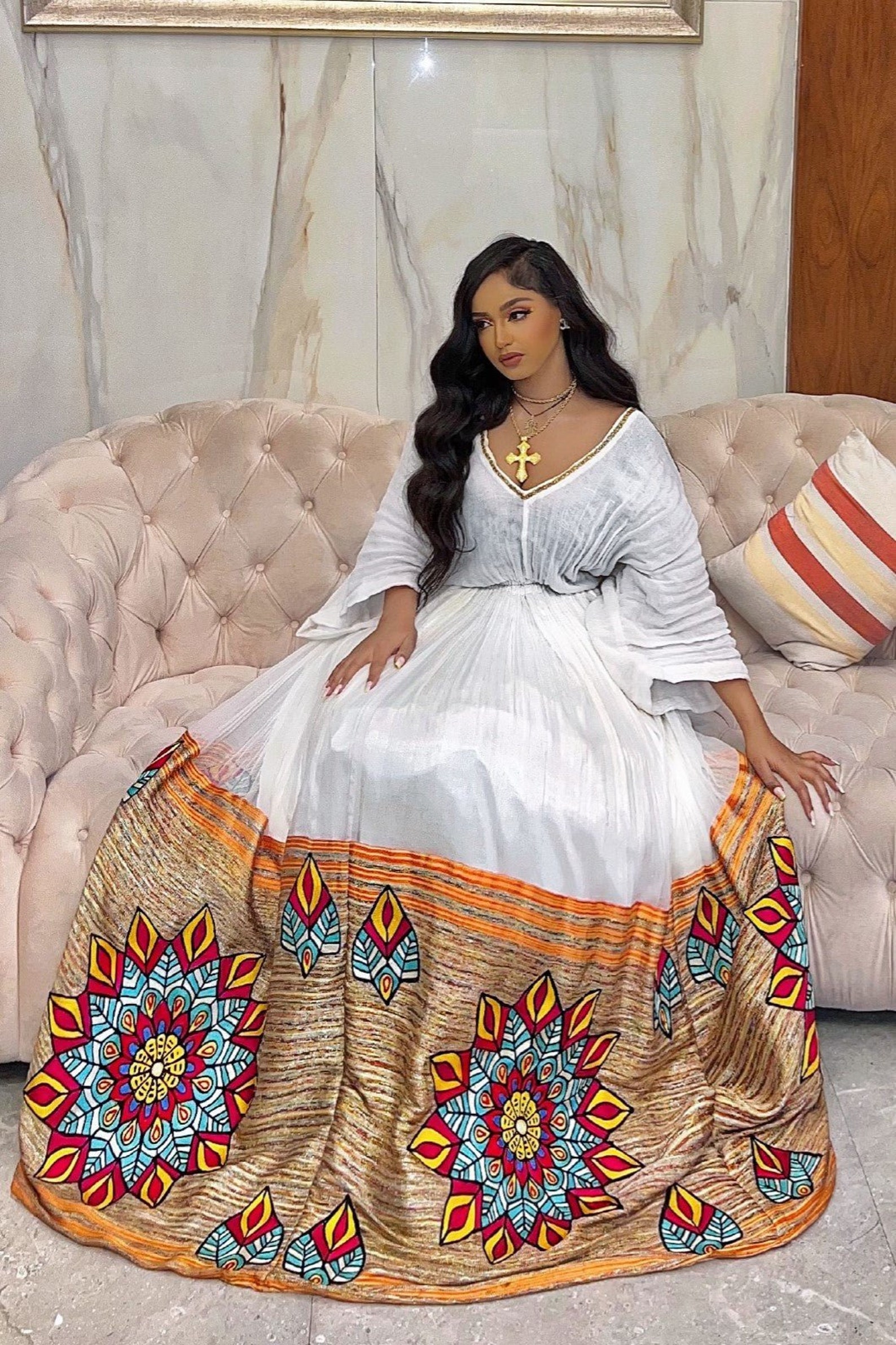 Vibrant White & Multi-Color Geometric Modern Ethiopian Dress main image 1