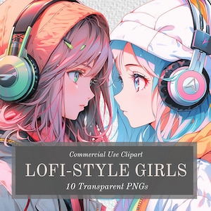 Lofi Style Anime Girl Clipart - 10 Chill And Colorful Characters - Transparent Background PNGs For Commercial Use - Digital Download