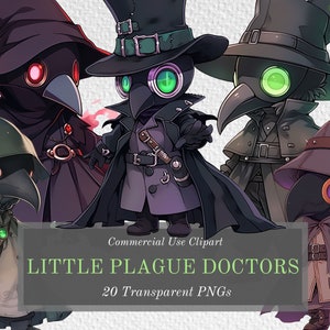 Little Plague Doctor Clipart Bundle - 20 Mysterious and Gothic Images - Transparent Background PNGs For Commercial Use - Digital Download